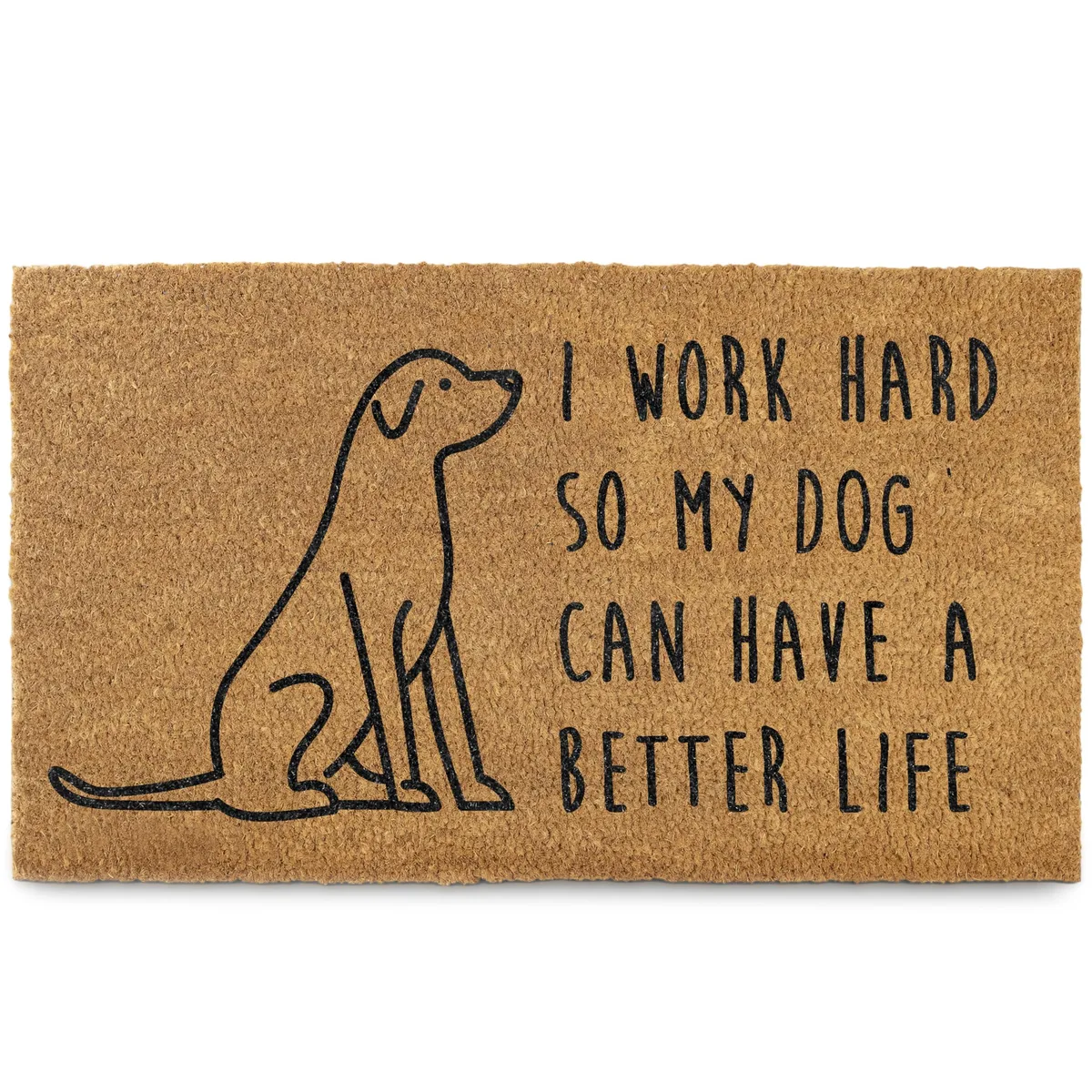 Rectangular coir doormat with printed text, natural fibre surface, dark PVC backing