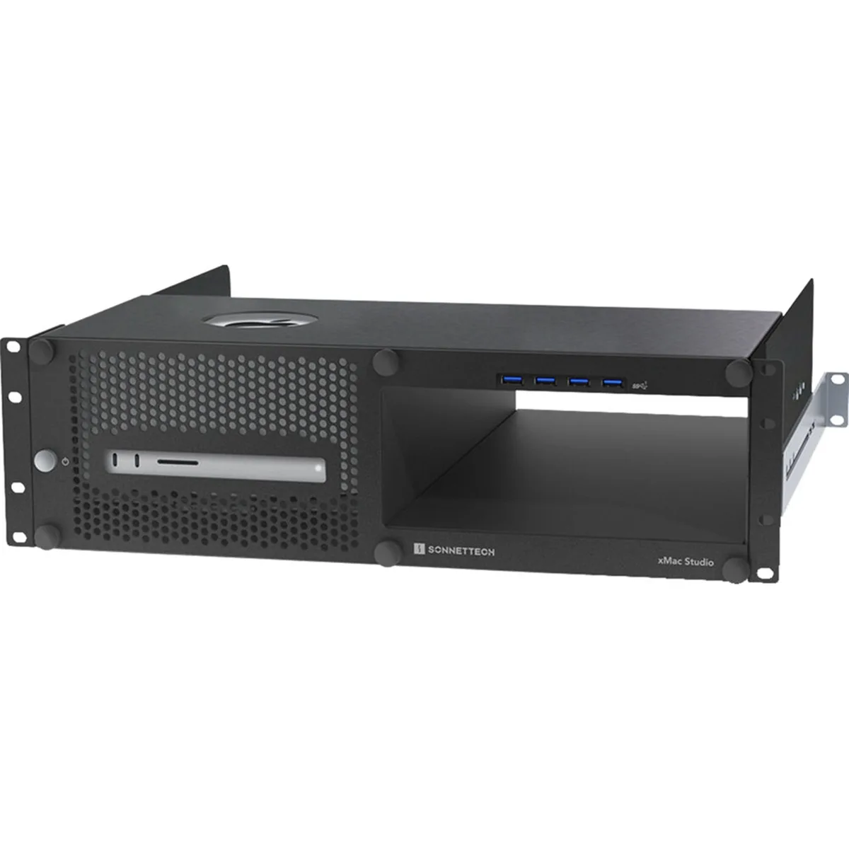 Silver 3U steel rack enclosure with front USB ports and power button