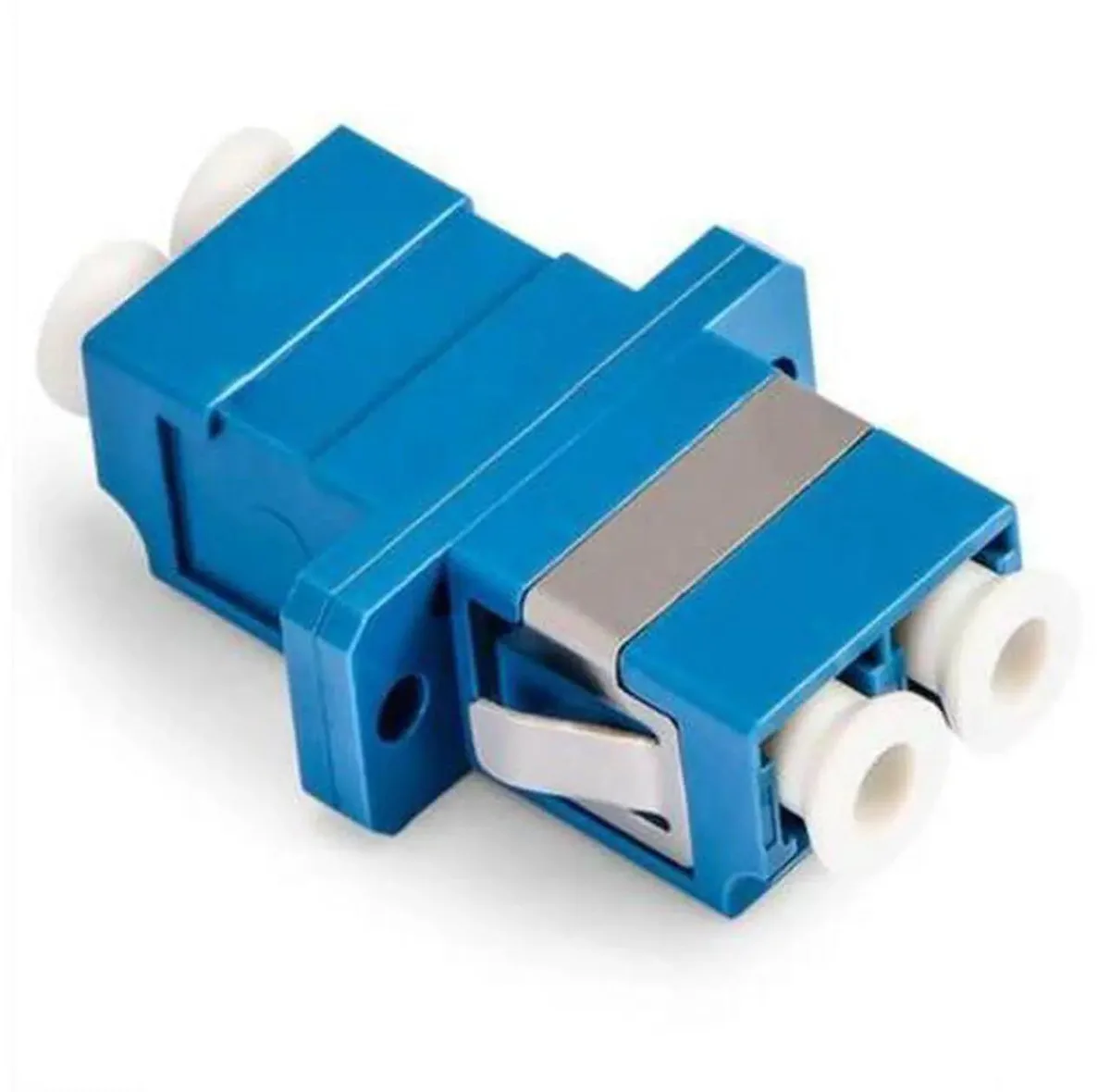 Twenty-five small white duplex LC fiber adapters with dust shutters in a pack