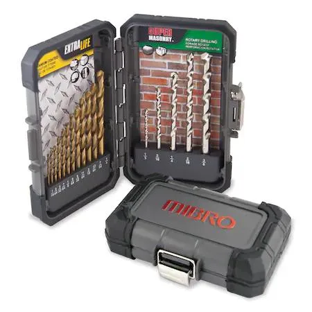 Transparent case holding 17 drill bits in molded slots
