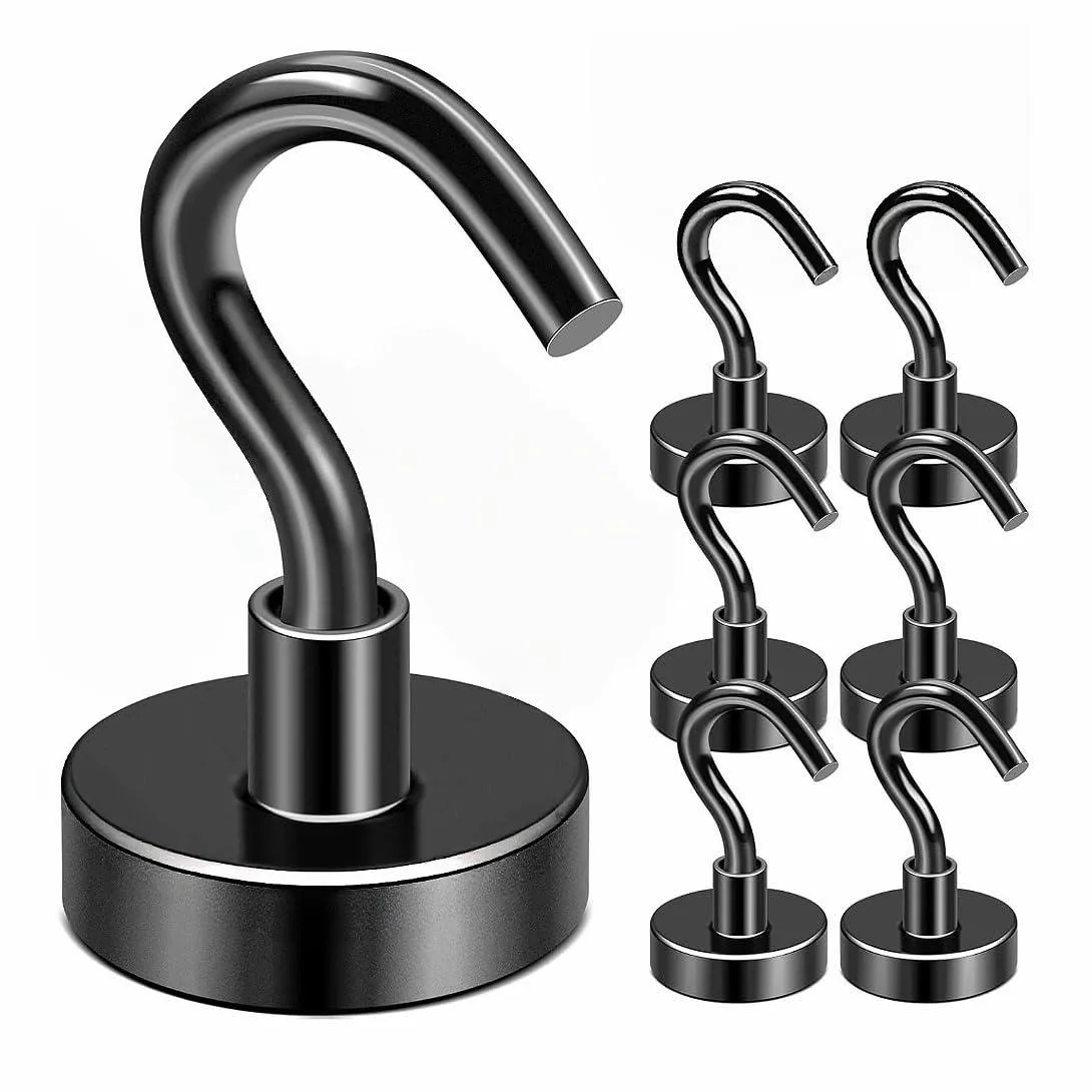 Six matte black magnetic hooks with curved steel bases
