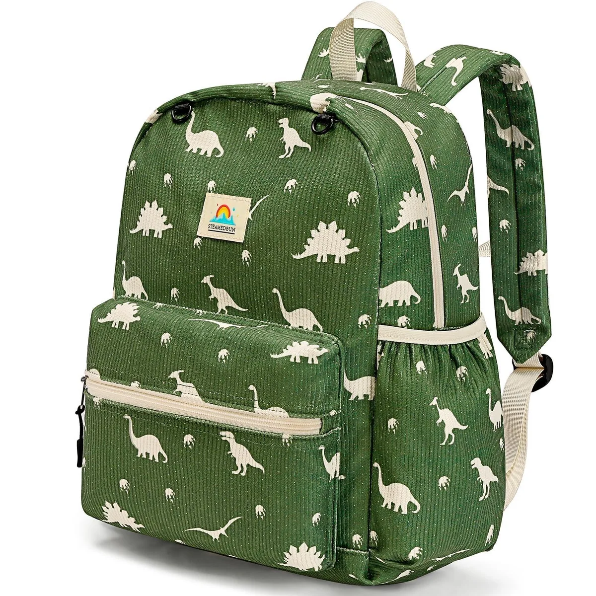 Beige corduroy kids backpack with dinosaur print, 15 inch laptop compartment, chest buckle and side pockets