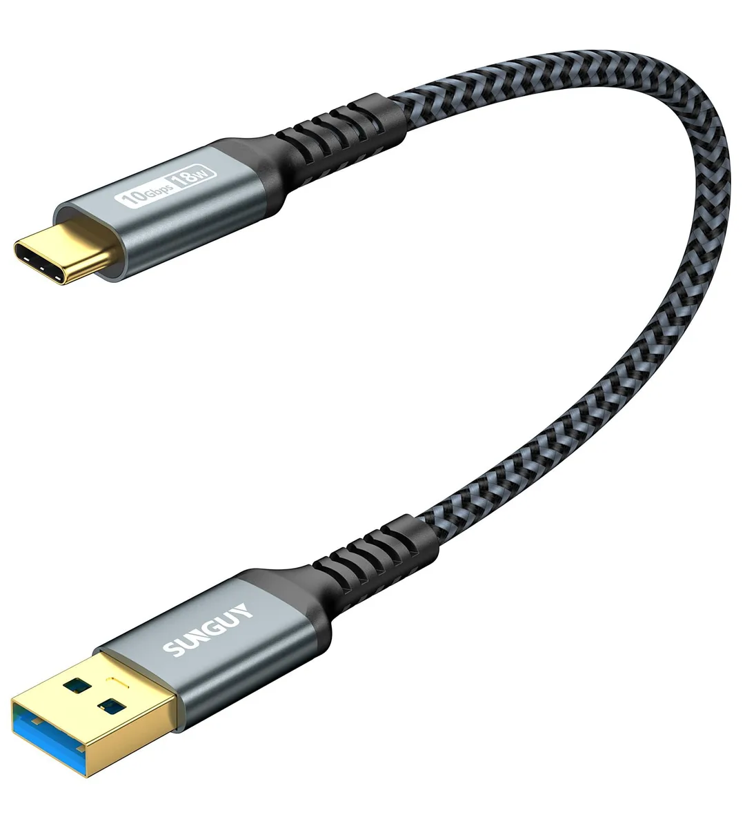  SUNGUY USB-A to USB-C 3.1 Gen 2 Cable 1FT 10Gbps 18W Grey — product photo