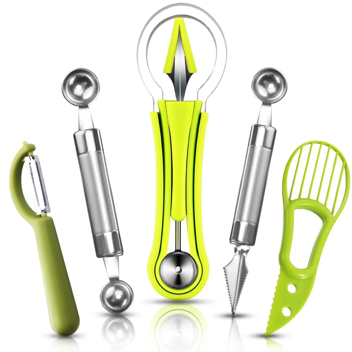 Five stainless steel melon ballers and fruit tools with green handles