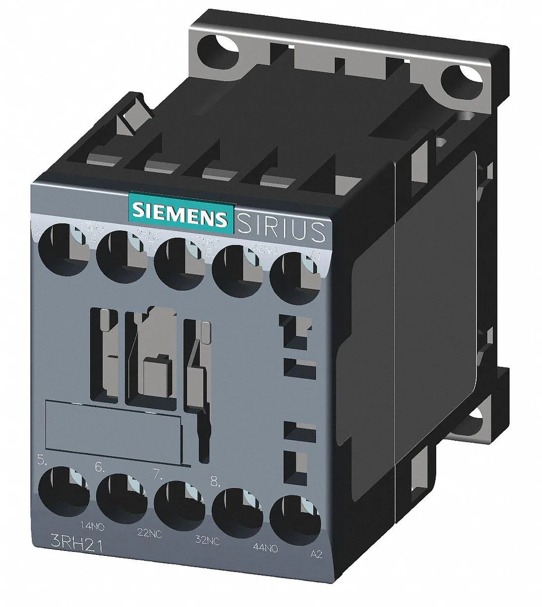 Grey rectangular IEC control relay with screw terminals and DIN rail mounting clips