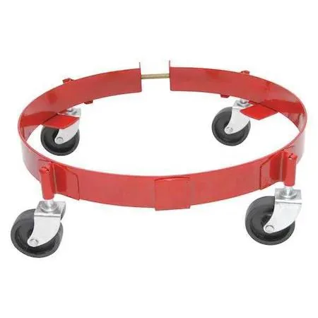 Red steel band dolly with rubber casters, open round deck, powder coated frame