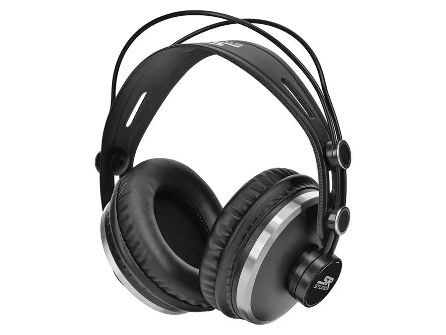 Black over-ear closed-back studio headphones with padded ear cups