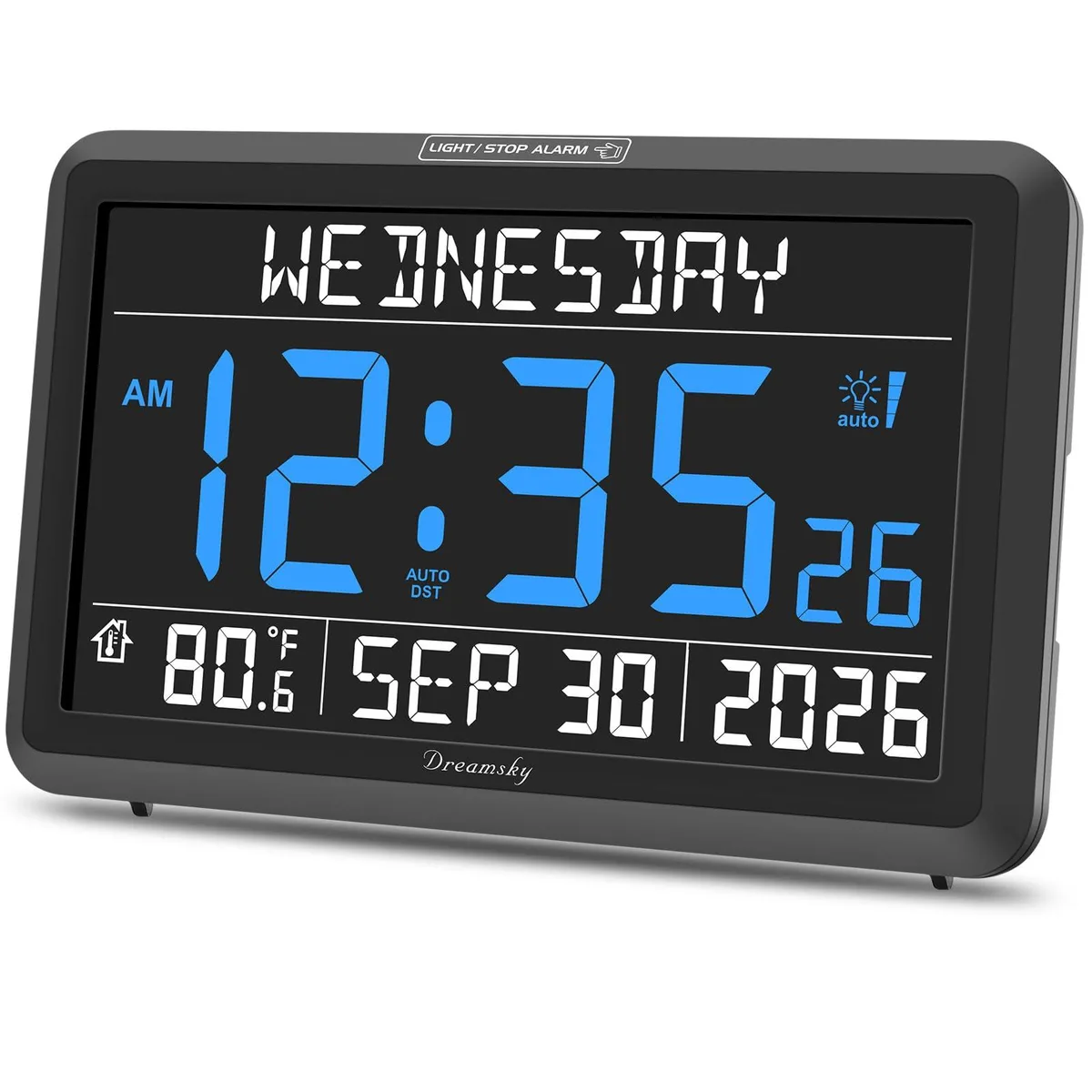Blue rectangular digital clock with large display showing time date and temperature