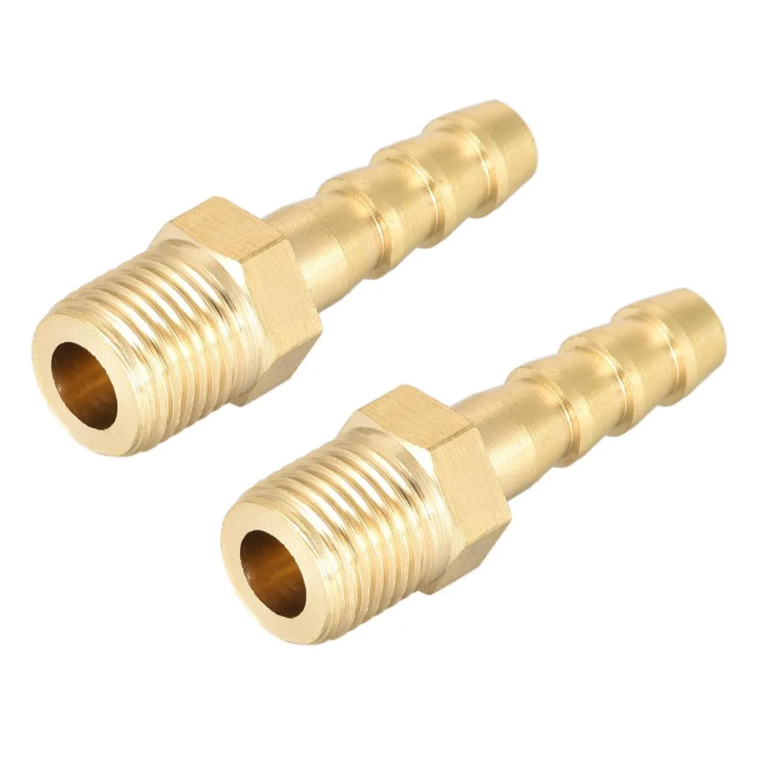 Two brass hose fittings, M10x1 male to 6mm barbed, gold tone finish