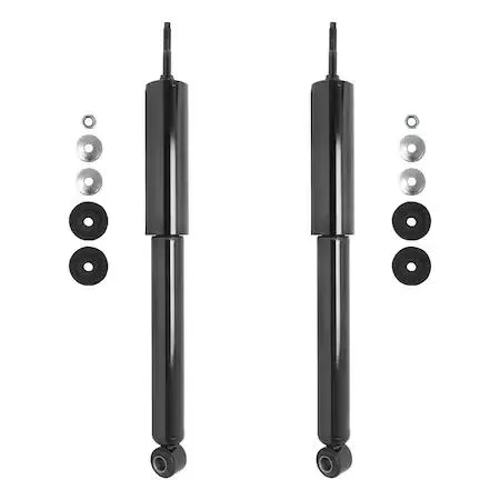 Two silver rear shock absorbers with black dust boots and mounting hardware
