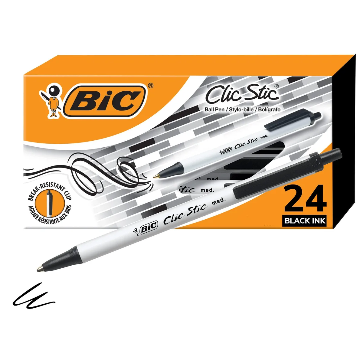 Box of 24 black retractable ballpoint pens with plastic barrels and clips