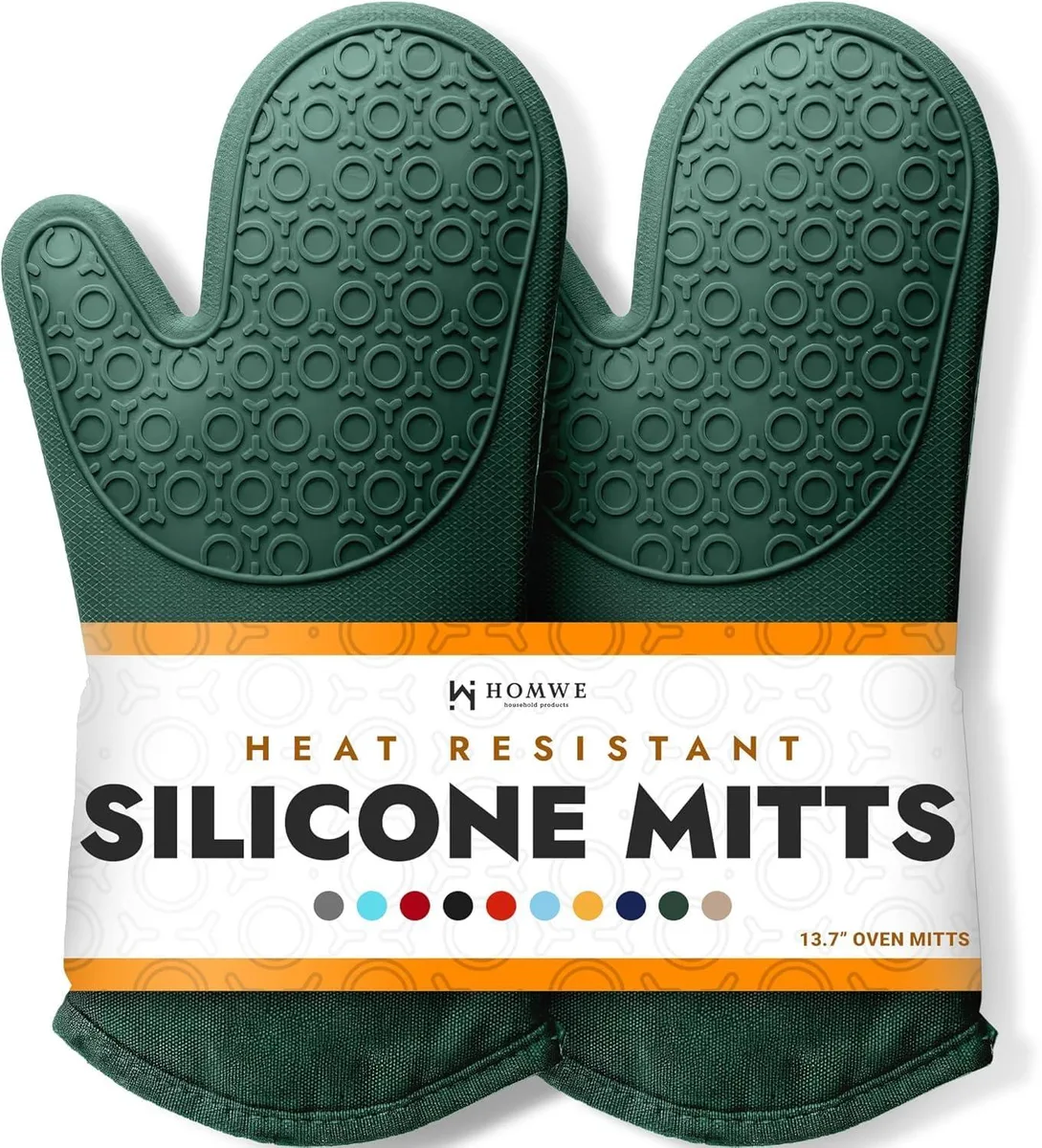  HOMWE HW-OVNMT-2PC-GREEN silicone oven mitts 13.7" 450°F 500°F green — product photo