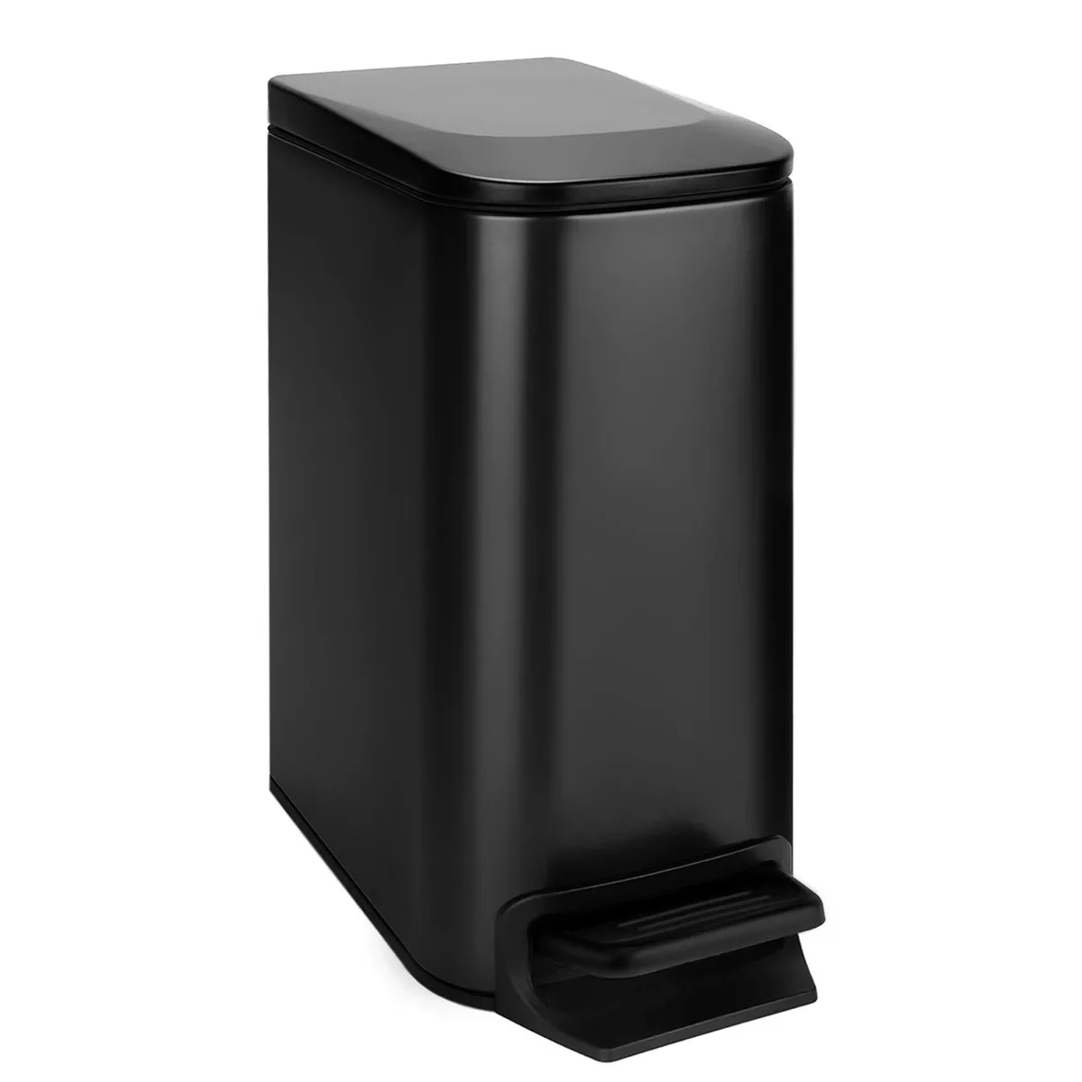 Twelve matte black stainless steel step cans with soft-close lids and removable inner buckets