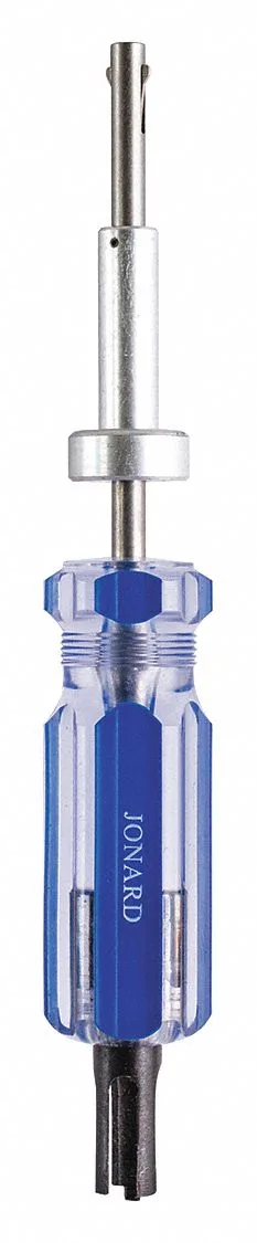 Blue-handled termination tool with metal prongs, 9 inch length
