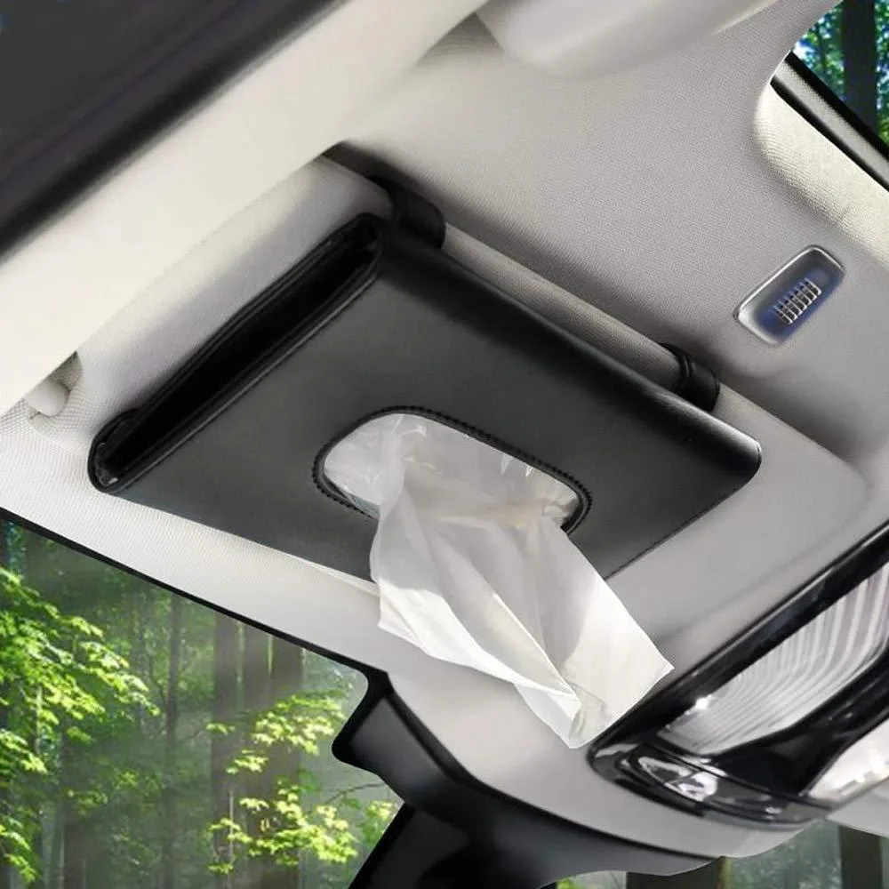 Black PU leather car tissue box holder with visor clip, rectangular shape, compact size