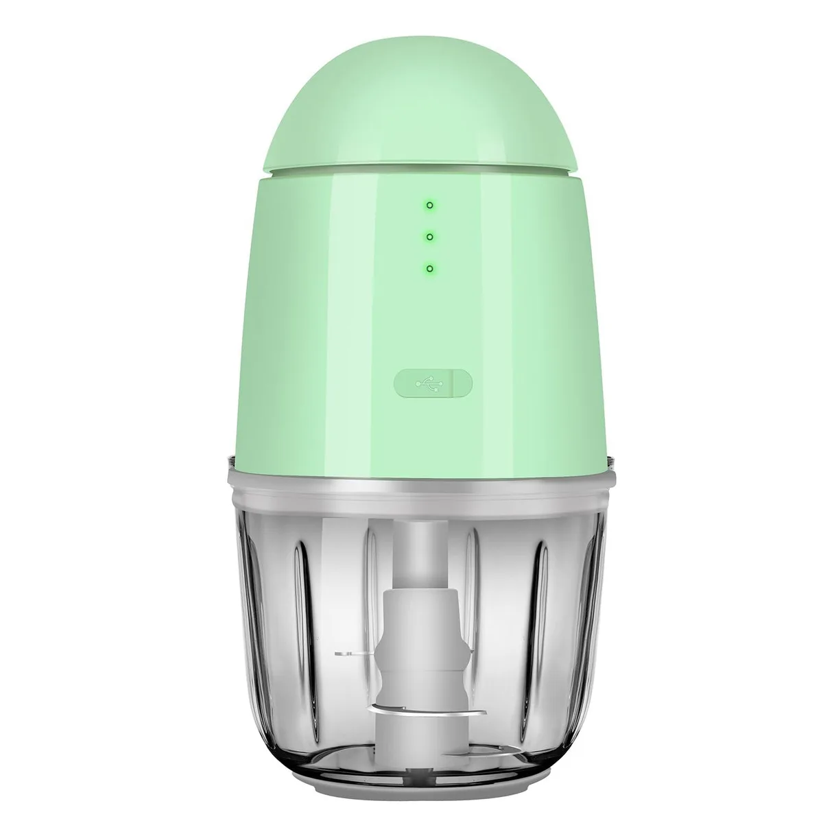 Small green cordless food processor with glass bowl and top button control