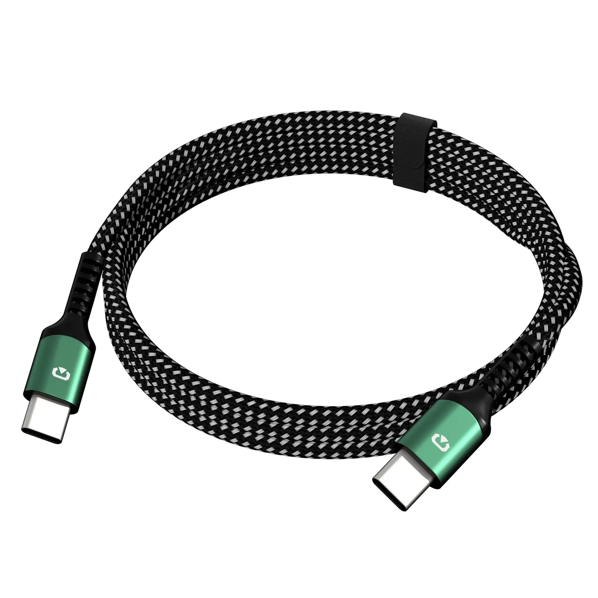 Green braided USB-C to USB-C cable with aluminium connectors, 100 cm long