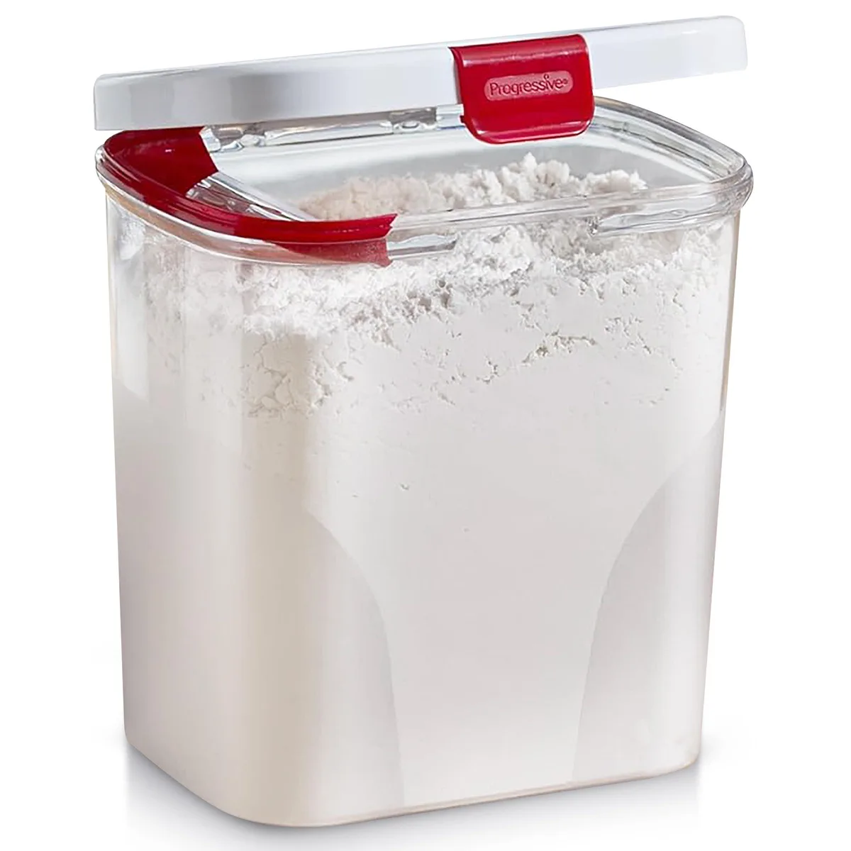 Red airtight flour keeper with built-in leveler, 5 lb capacity