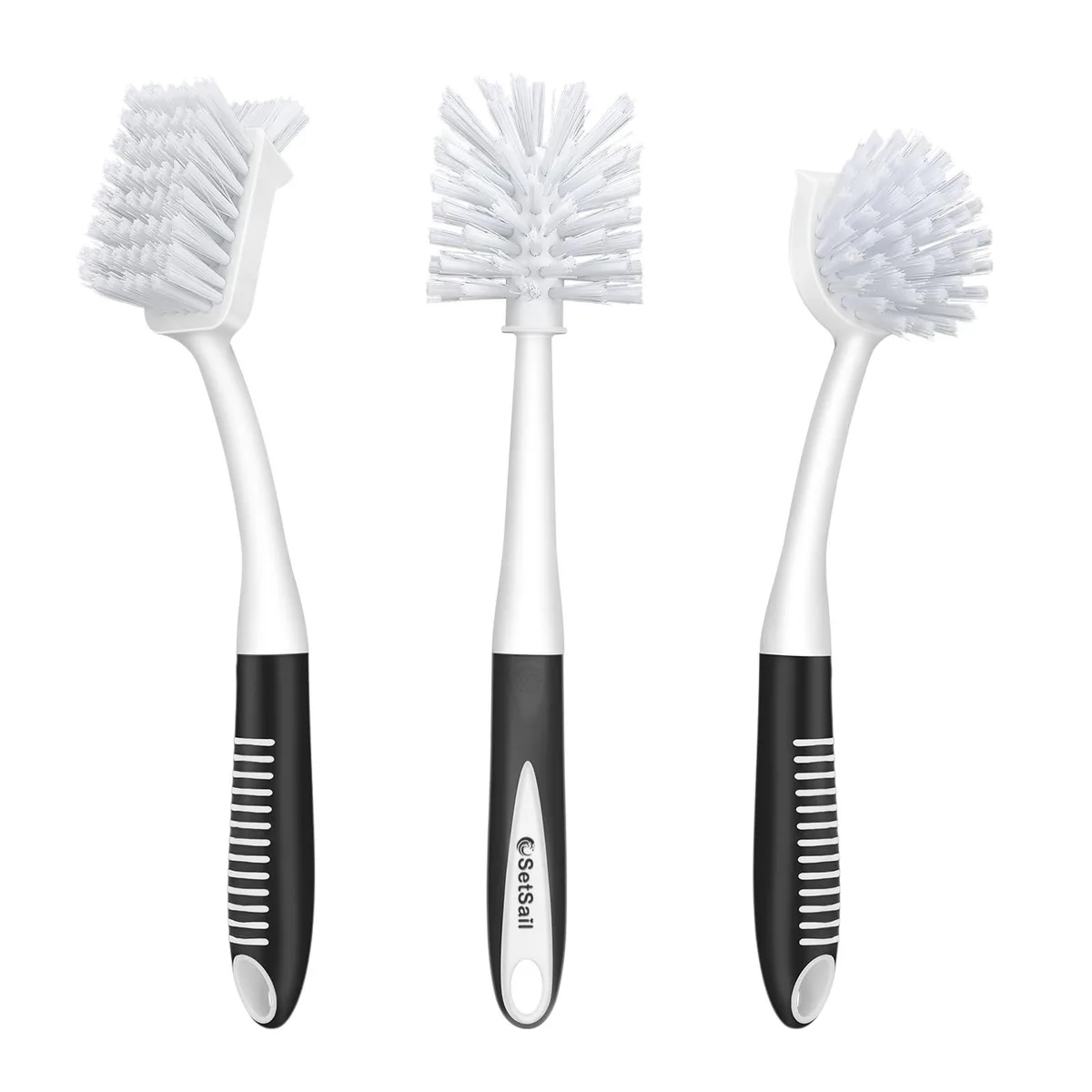 Three cleaning brushes with long handles, scraper tips and hanging holes, light grey and white plastic finish