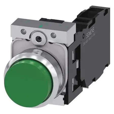 Green 22 mm push button with metal bezel and extended plastic head