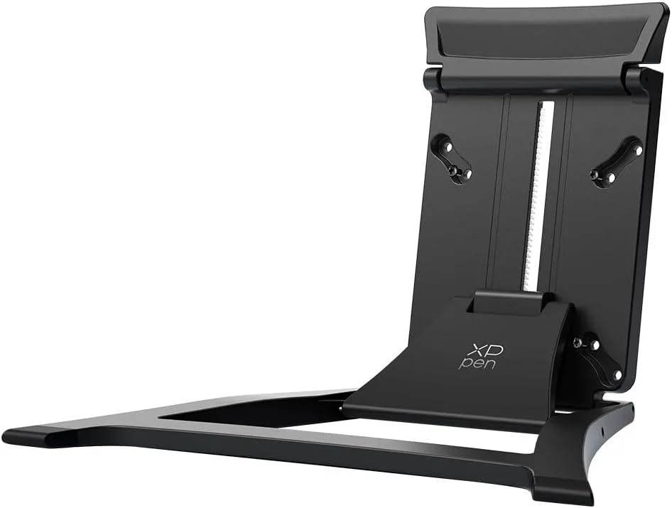 Silver aluminium stand with 36 angle settings from 10 to 85 degrees, VESA 75 and 100 mm holes, folds flat, weighs 400g