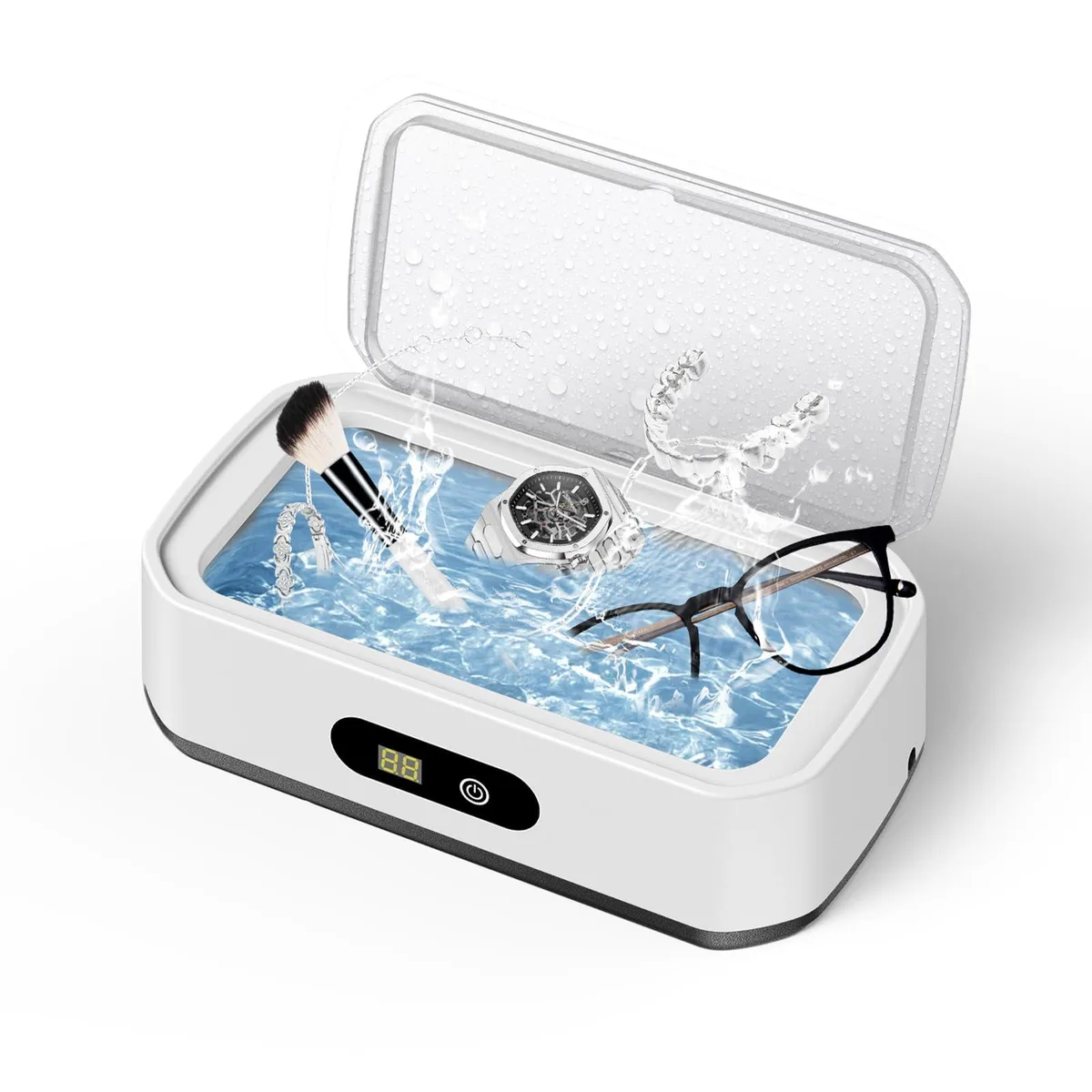 White and black rectangular ultrasonic cleaner with stainless steel tank