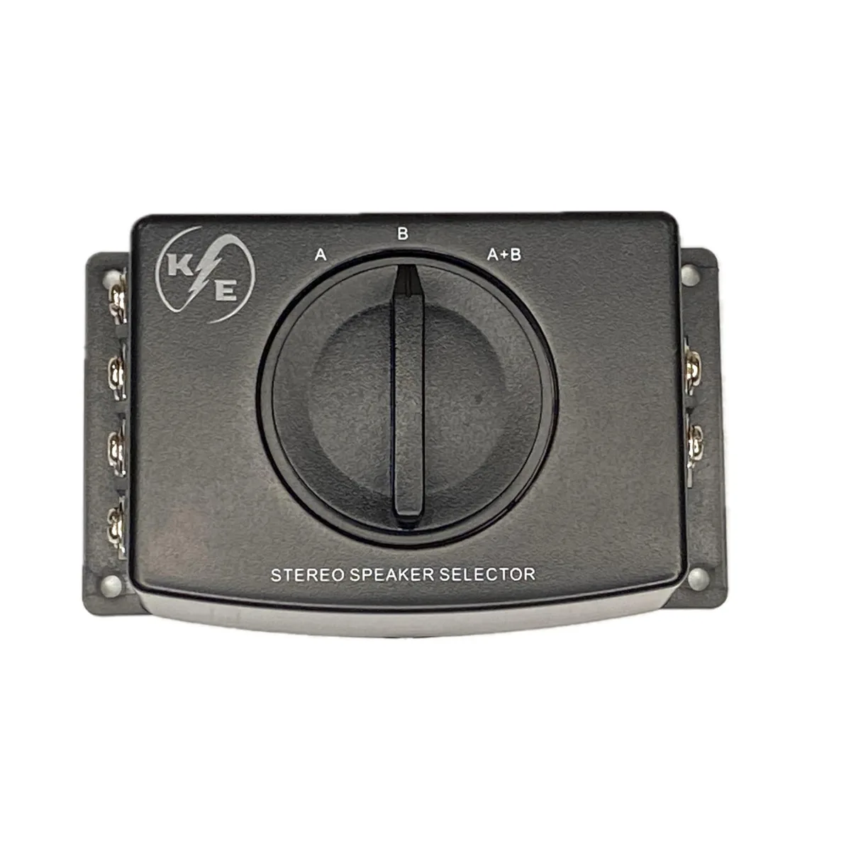 Black stereo speaker selector box with A B A+B switch and screw terminals