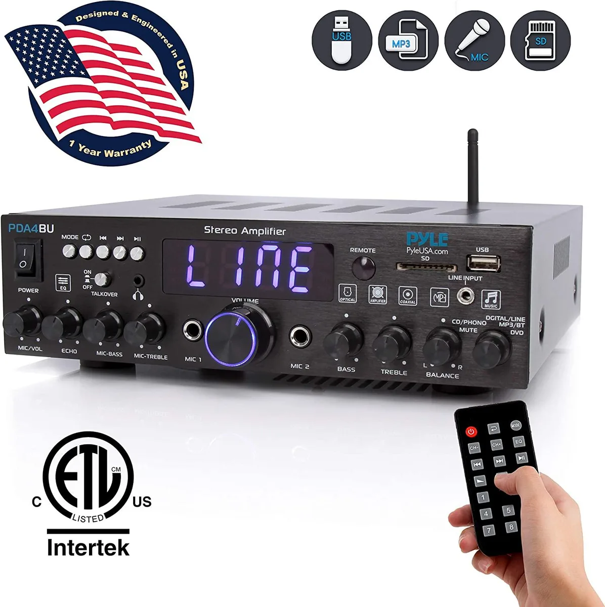 Black rectangular stereo amplifier with front panel controls and multiple input ports