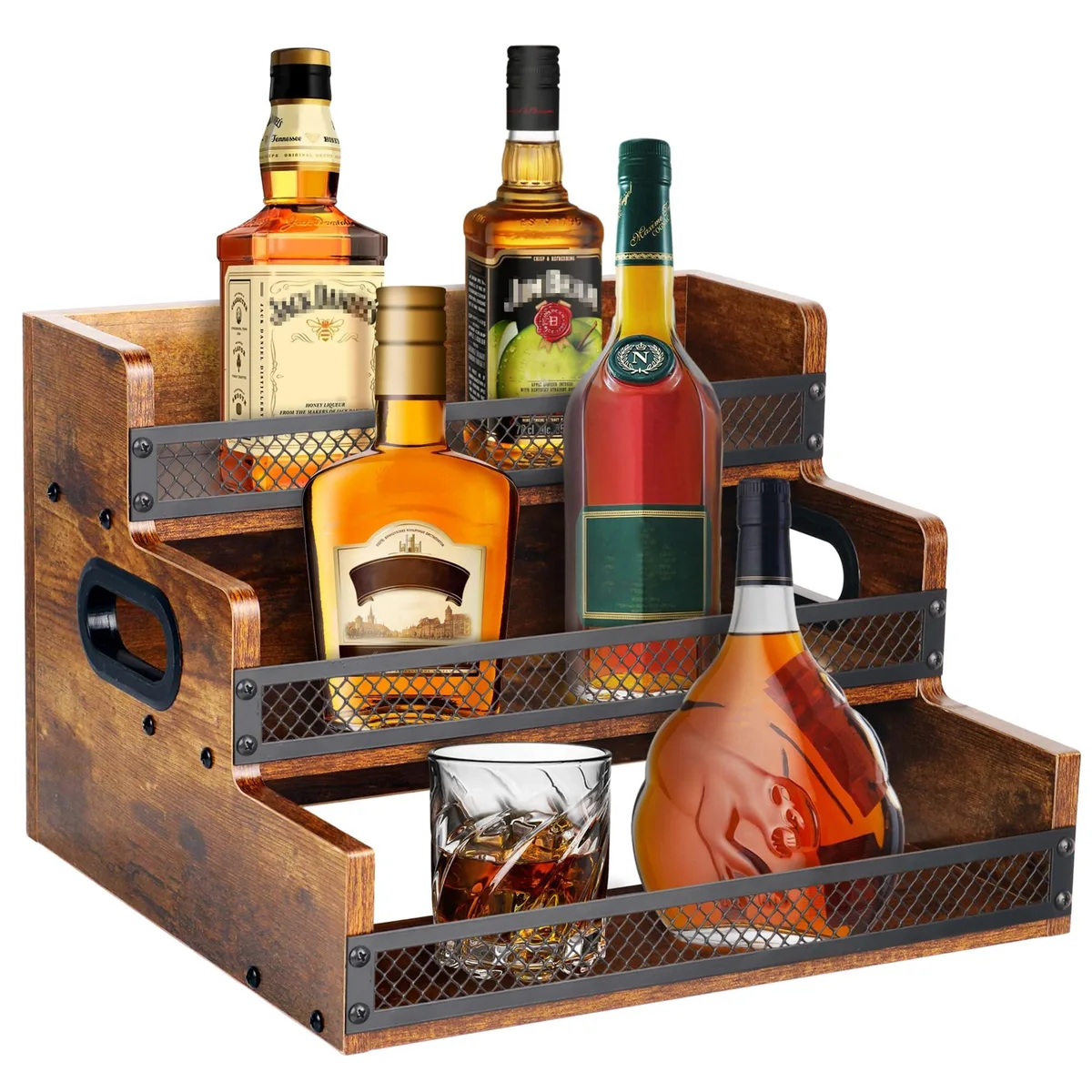 Three-tier black stainless steel countertop wine rack with side fences and handles, holds twelve bottles