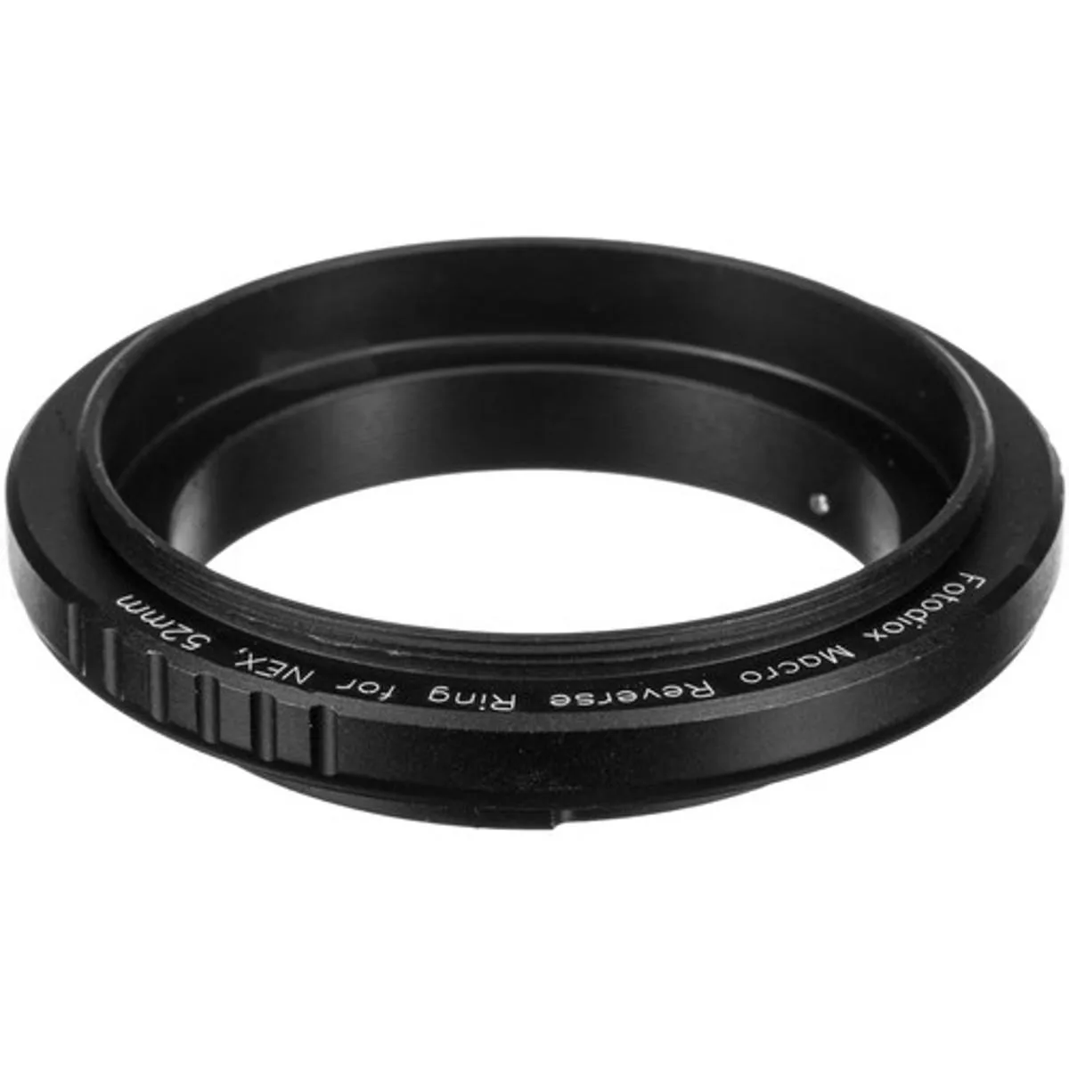 Black anodised aluminium ring with 52mm male thread and Sony E-mount bayonet