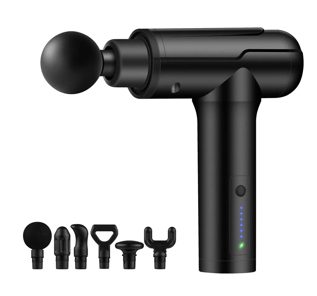 Black handheld massage gun with six interchangeable heads, ABS painted finish, 1.1kg weight