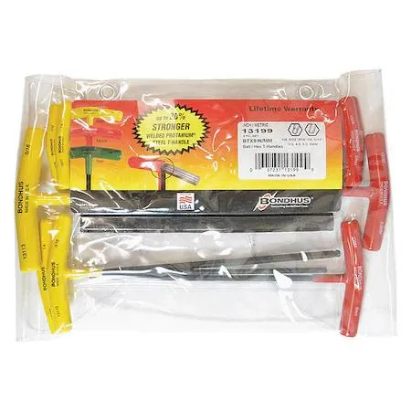 Nine black oxide T-handle hex keys in a row