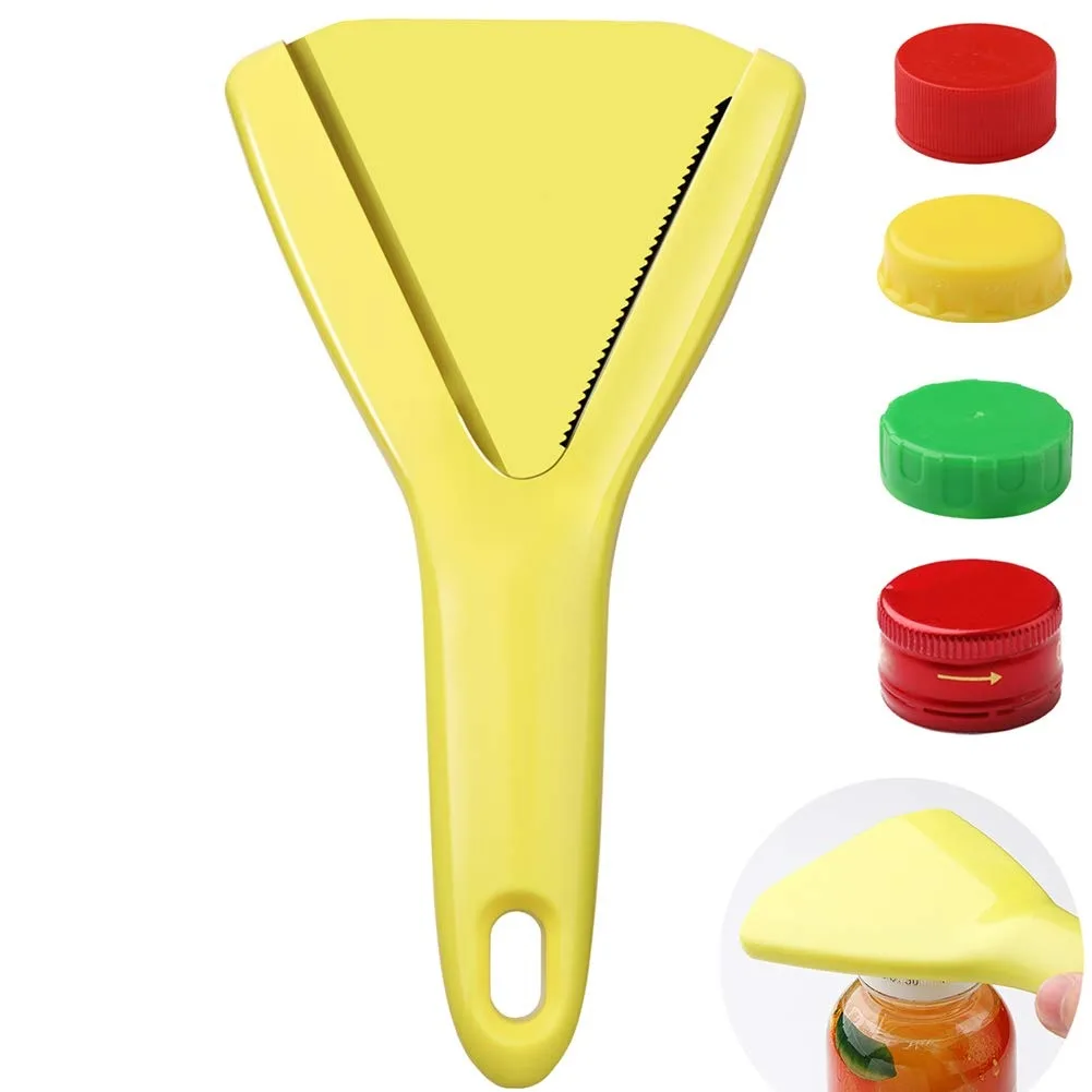 Yellow plastic bottle opener with metal teeth, compact V-shaped design, 6.9 by 3.7 by 0.1 inches