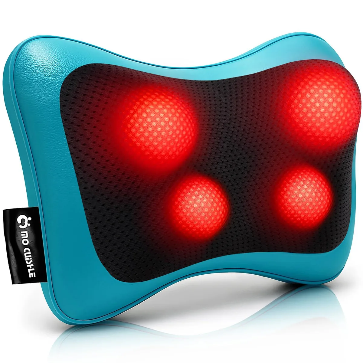 Blue rectangular massage pillow with faux leather finish and adjustable straps