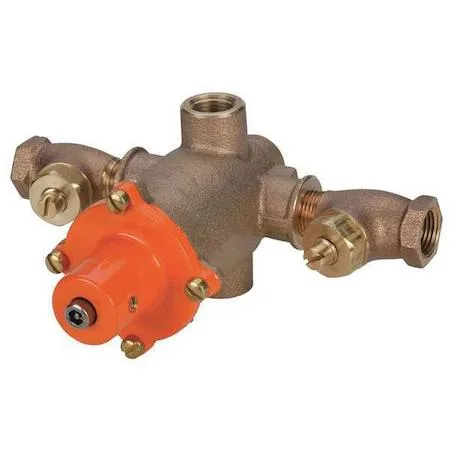 Bronze mixing valve with NPT connections, compact rectangular body