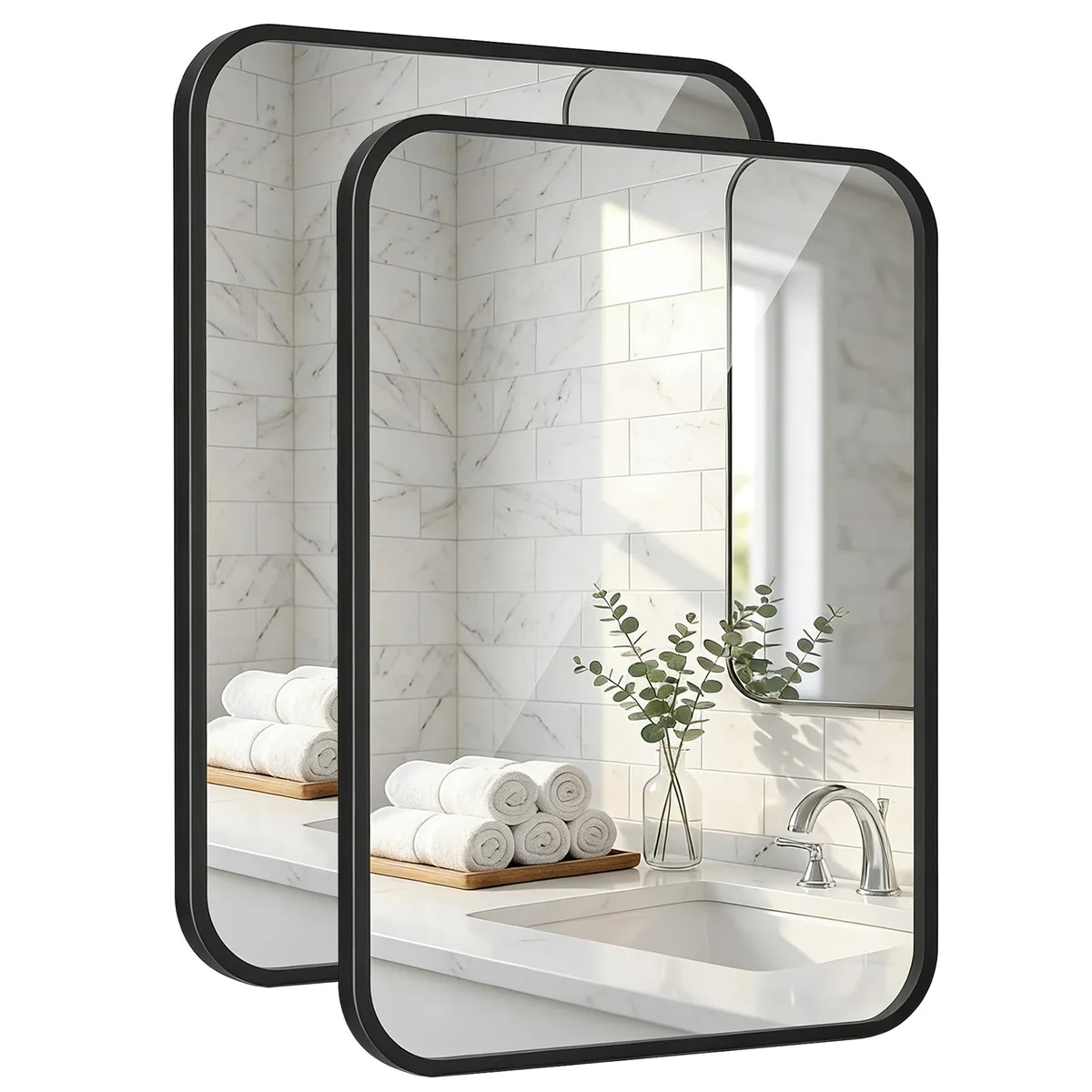 Two matte black rounded rectangle mirrors with iron frames, 24 by 36 inches each
