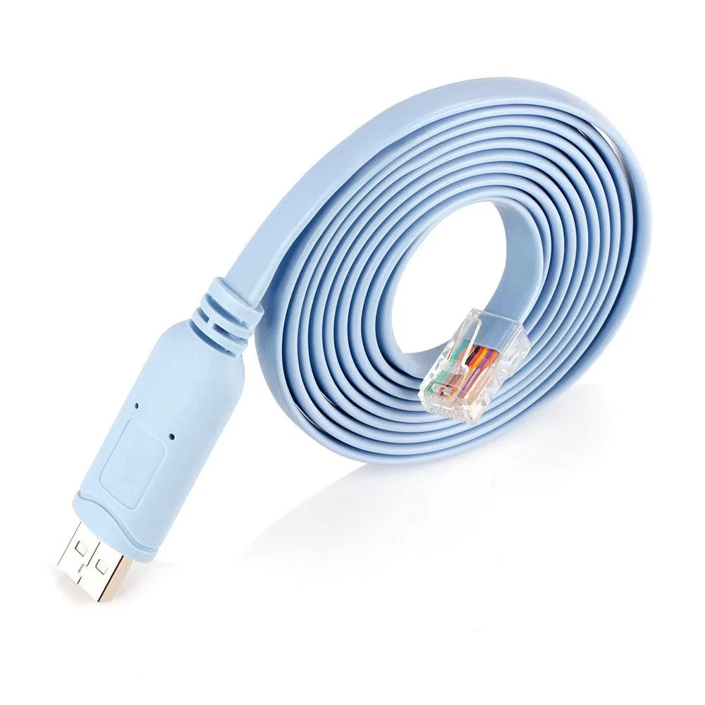 Flat black USB-A to RJ45 console cable with moulded boot, ten-foot length