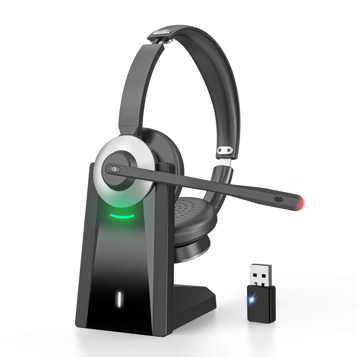 Black and silver on-ear headset with charging dock and USB dongle