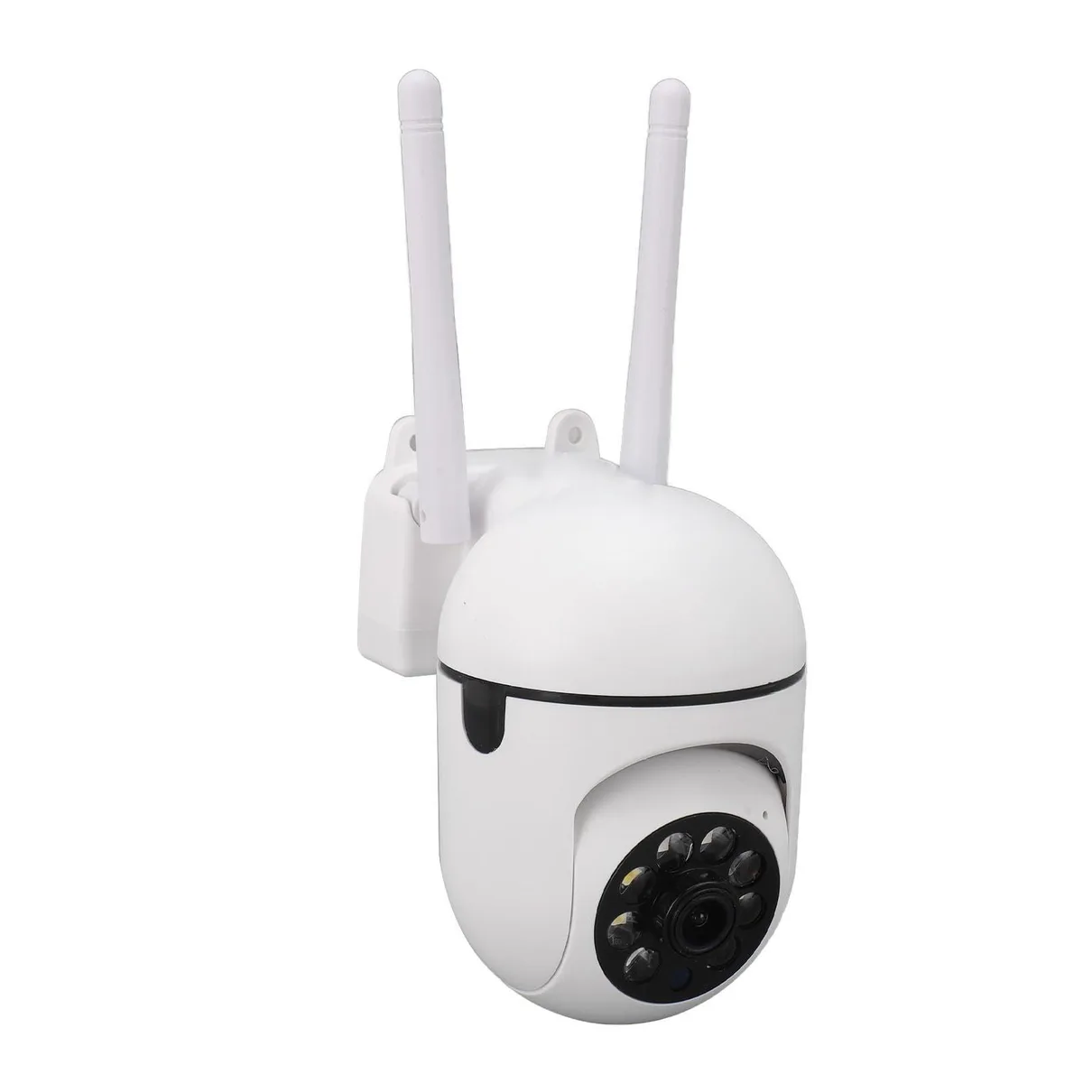 White outdoor IP camera, rounded body, pan-tilt base, IP66 rated