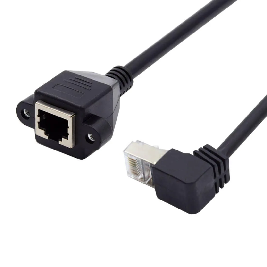 RJ45 Cat6 cable with 90 degree down angled panel mount connector
