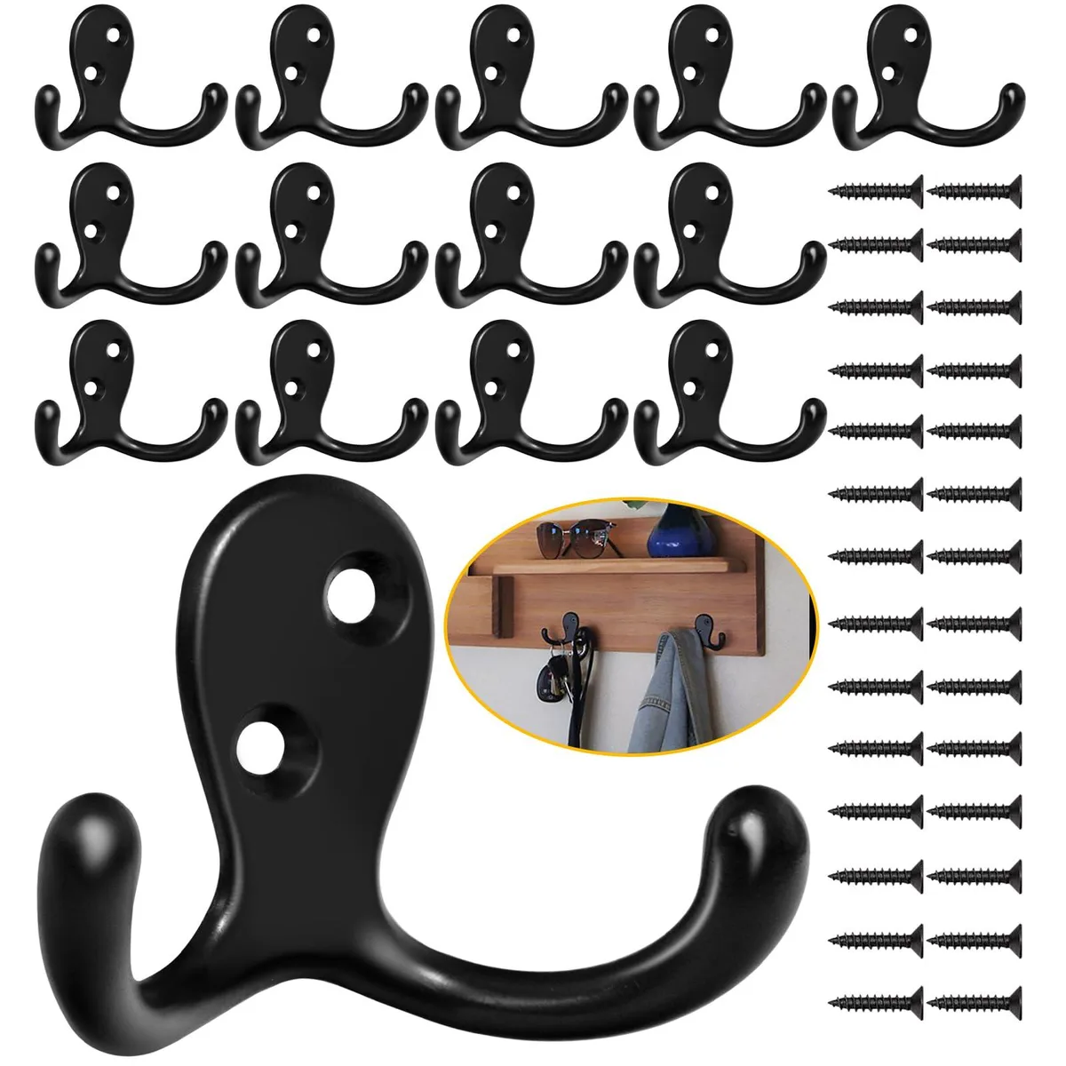 Fourteen black double-prong metal coat hooks with twenty-eight screws