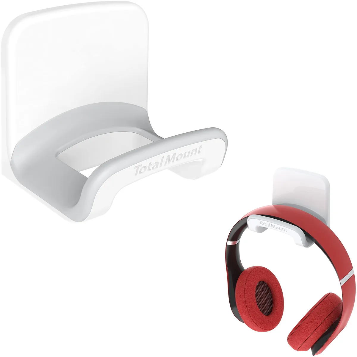 White headphone hanger with wide silicone cradle, adhesive wall mount