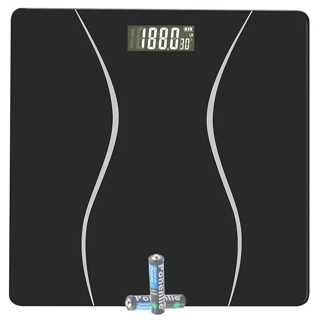 Black digital bathroom scale with tempered glass platform and backlit display