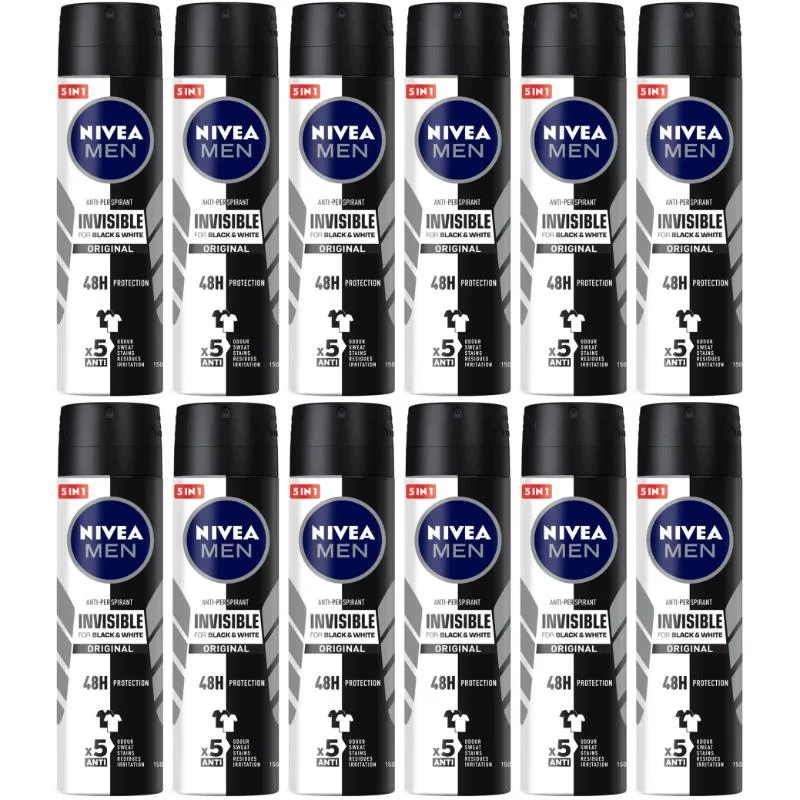 Nivea Nivea Men Invisible Black &amp; White Spray 150 ml 12-Pack NIVE-SPR-BW-15012 skin care — product photo