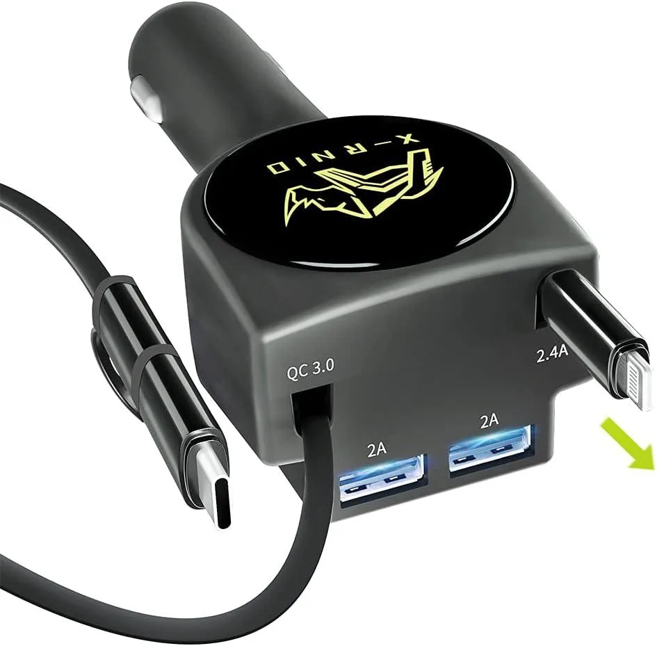 PISKEKAT PISKEKAT Retractable Car Charger 3.1A 47W Dual Cable 2 USB Ports — product photo