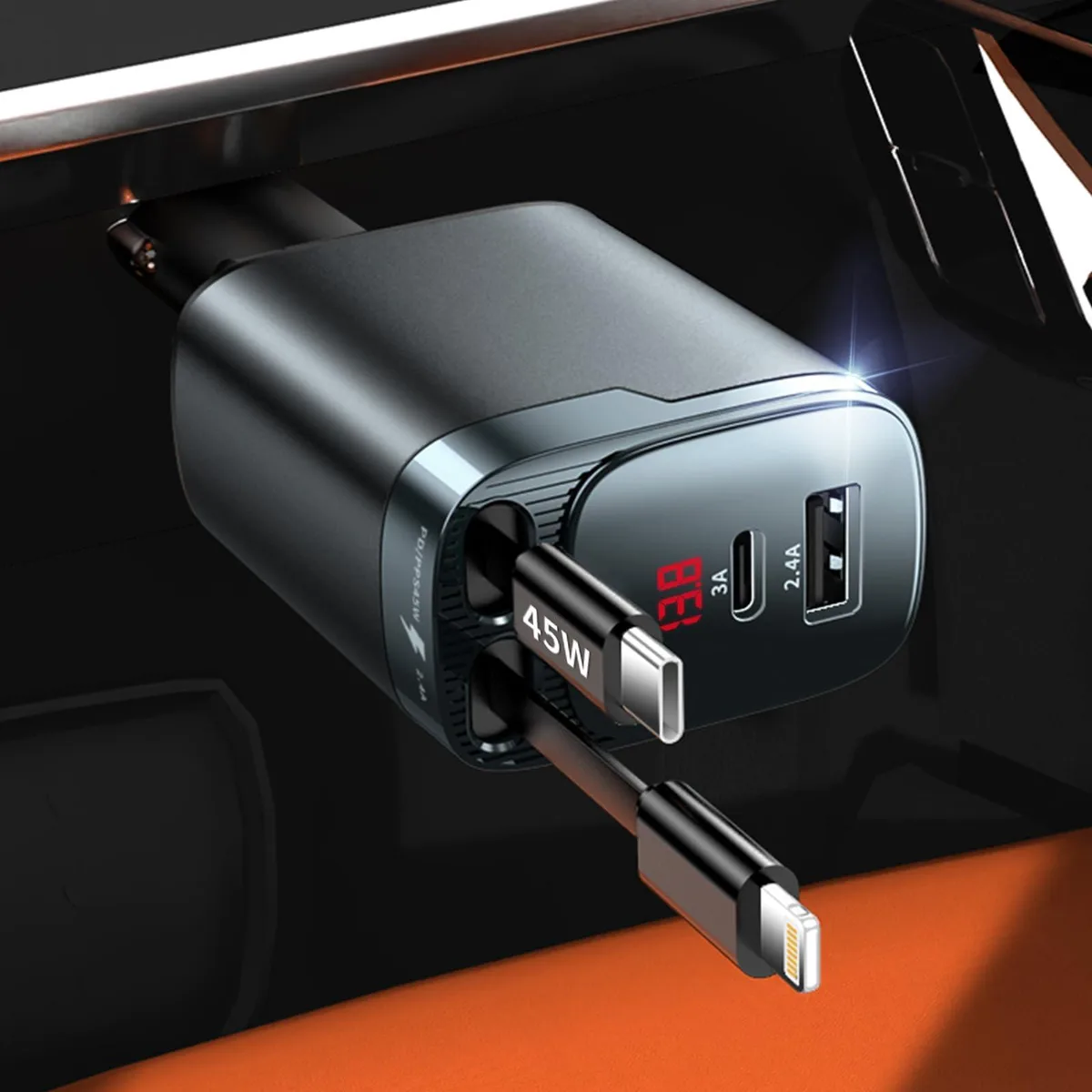  Retractable Car Charger 4 in 1 84W USB-C Lightning 31.5" 180° — product photo
