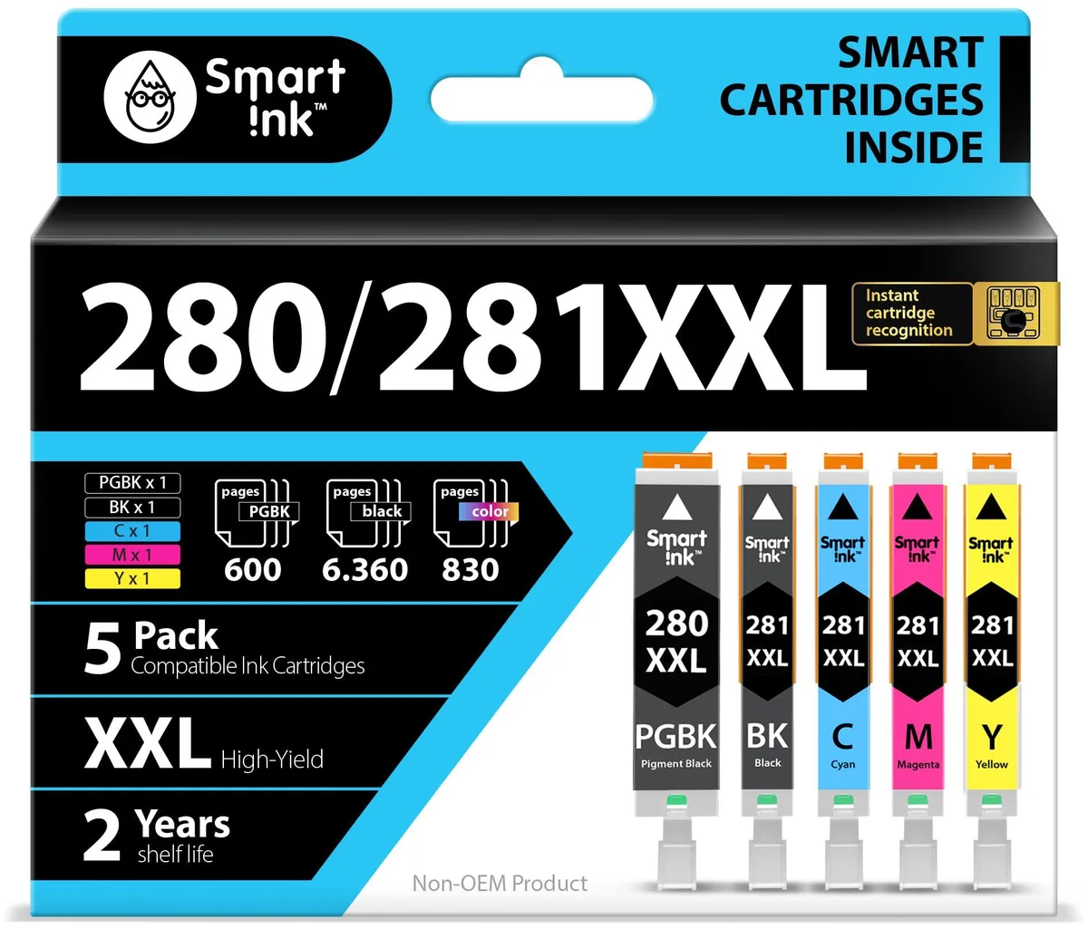 Five ink cartridges in black, cyan, magenta and yellow packaging