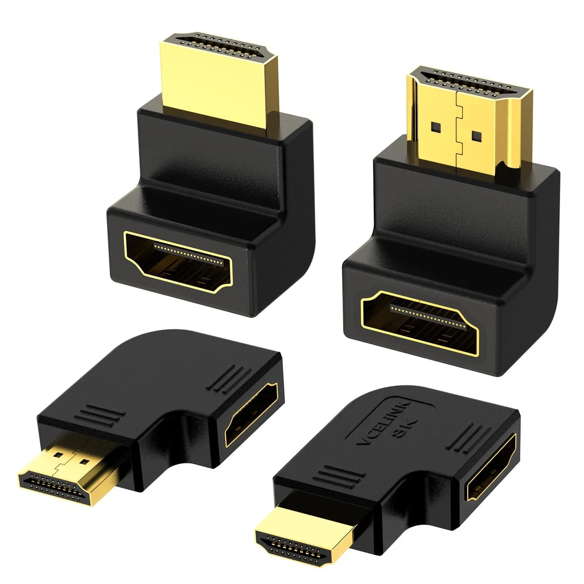 Four black HDMI right-angle adapters, two flat vertical and two 90/270-degree angled, male-to-female connectors