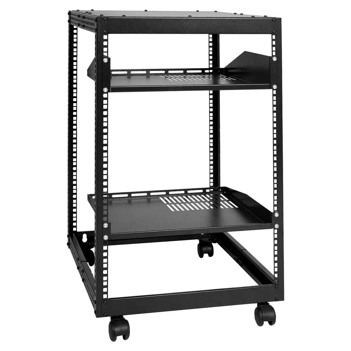 Black carbon-steel open-frame rack 15U height adjustable 23 to 40 depth four posts casters top shelf