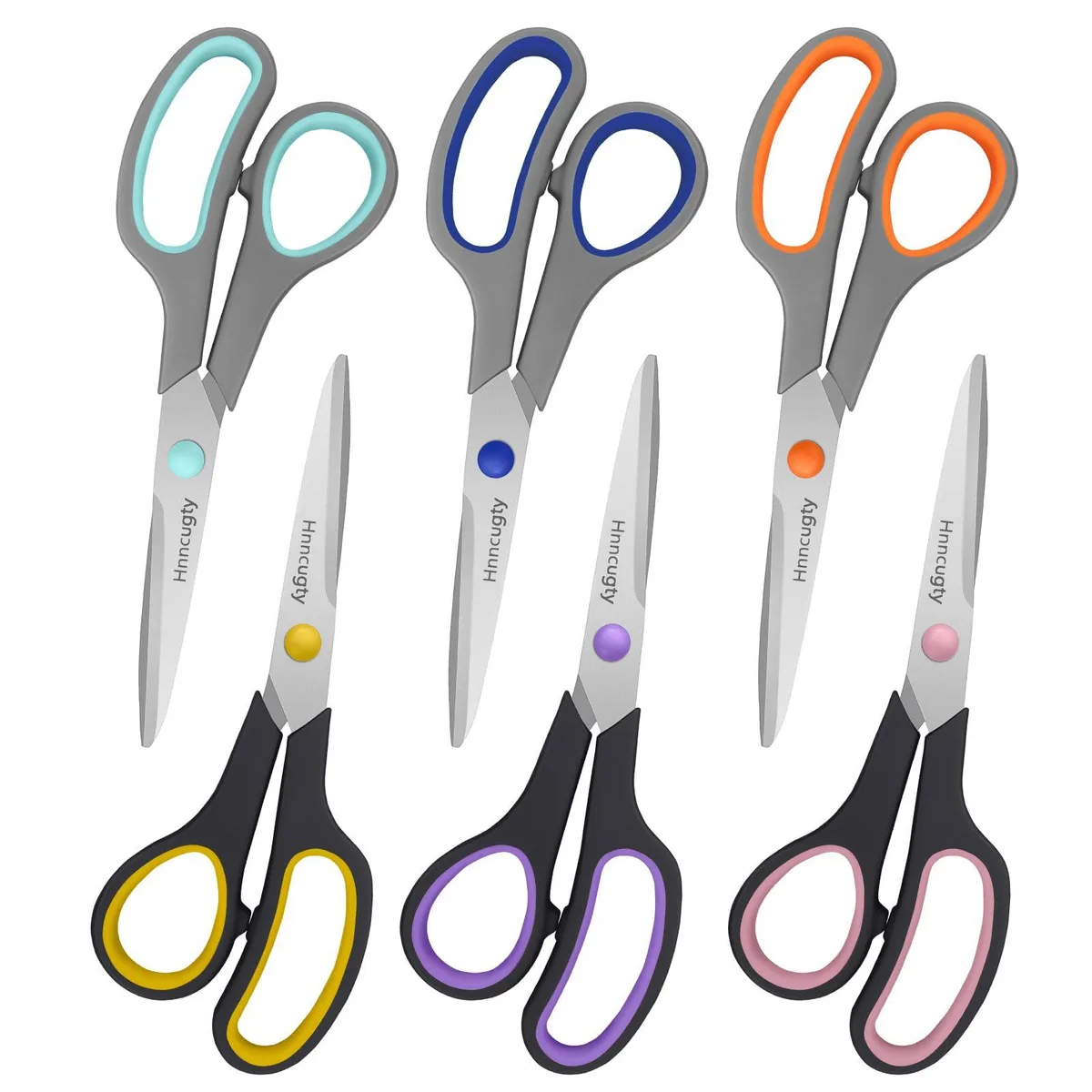 Six black 8-inch stainless steel scissors with comfort-grip handles lying flat
